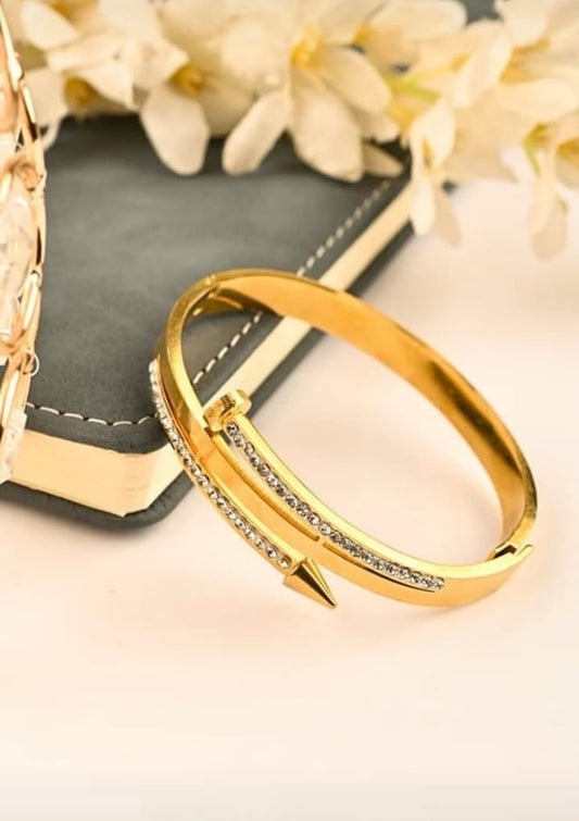 Gold Plated Nail Handcuff With Stones